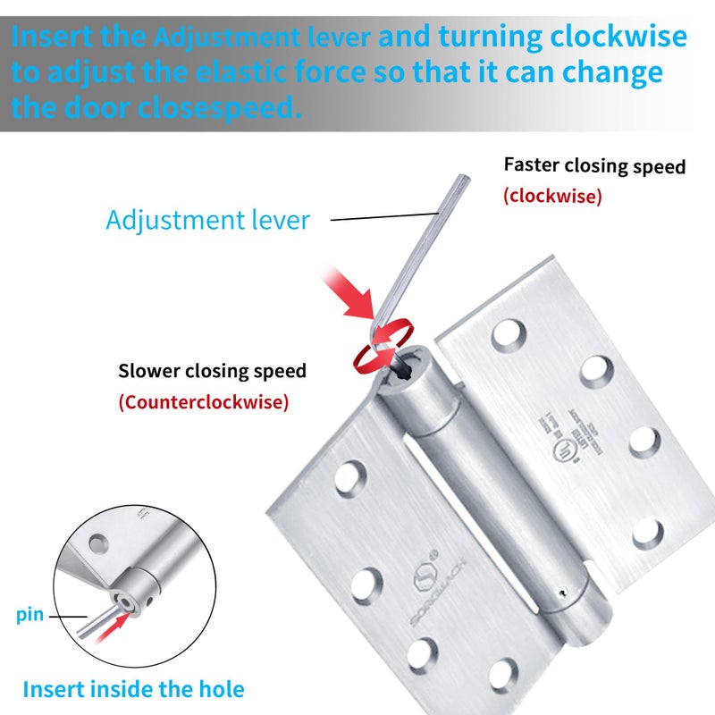 SORGMACH Satin Door Hinges 4.5 Inch Self Closing Hinge Hardware Adjustable Spring Hinges for Commercial Grade Self-Closing, UL Listed 3 Pack - Image 5